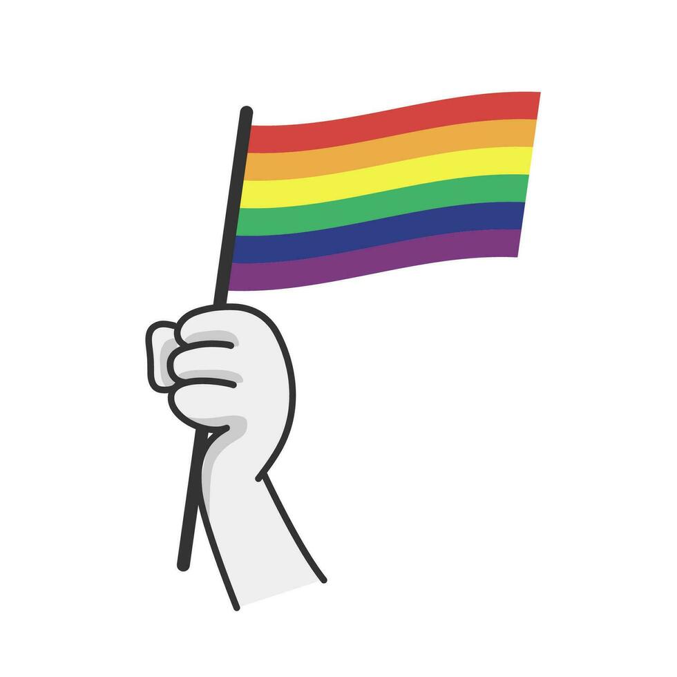 main en portant lgbt arc en ciel drapeau. dessin animé bras griffonnage en portant fierté symbole. le sexe la diversité représentation. vecteur