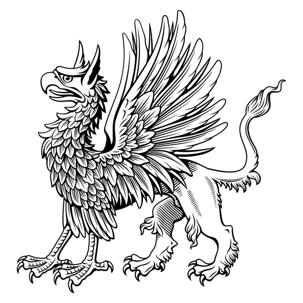 permanent héraldique griffon. encre style gravure vecteur clipart. tout blanc les pièces disponible pour coloration.