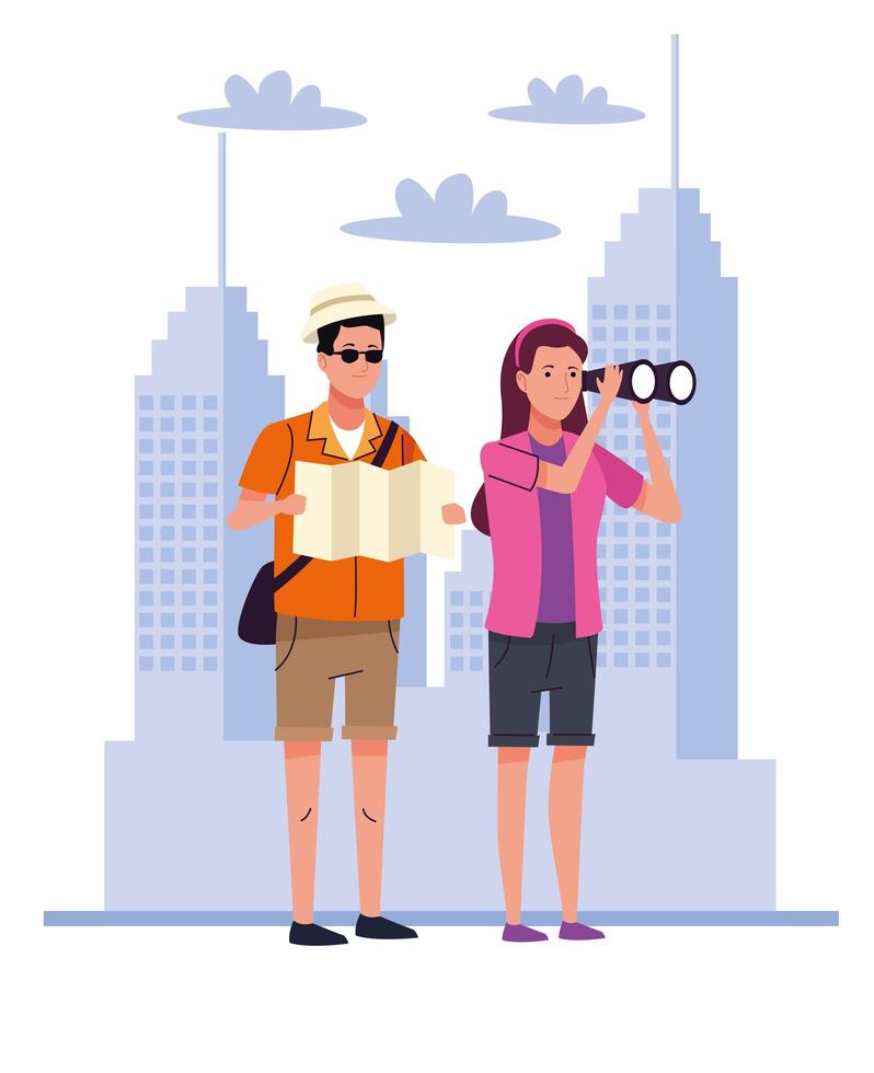 couple de touristes avec des jumelles et une carte papier sur les personnages de la ville vecteur