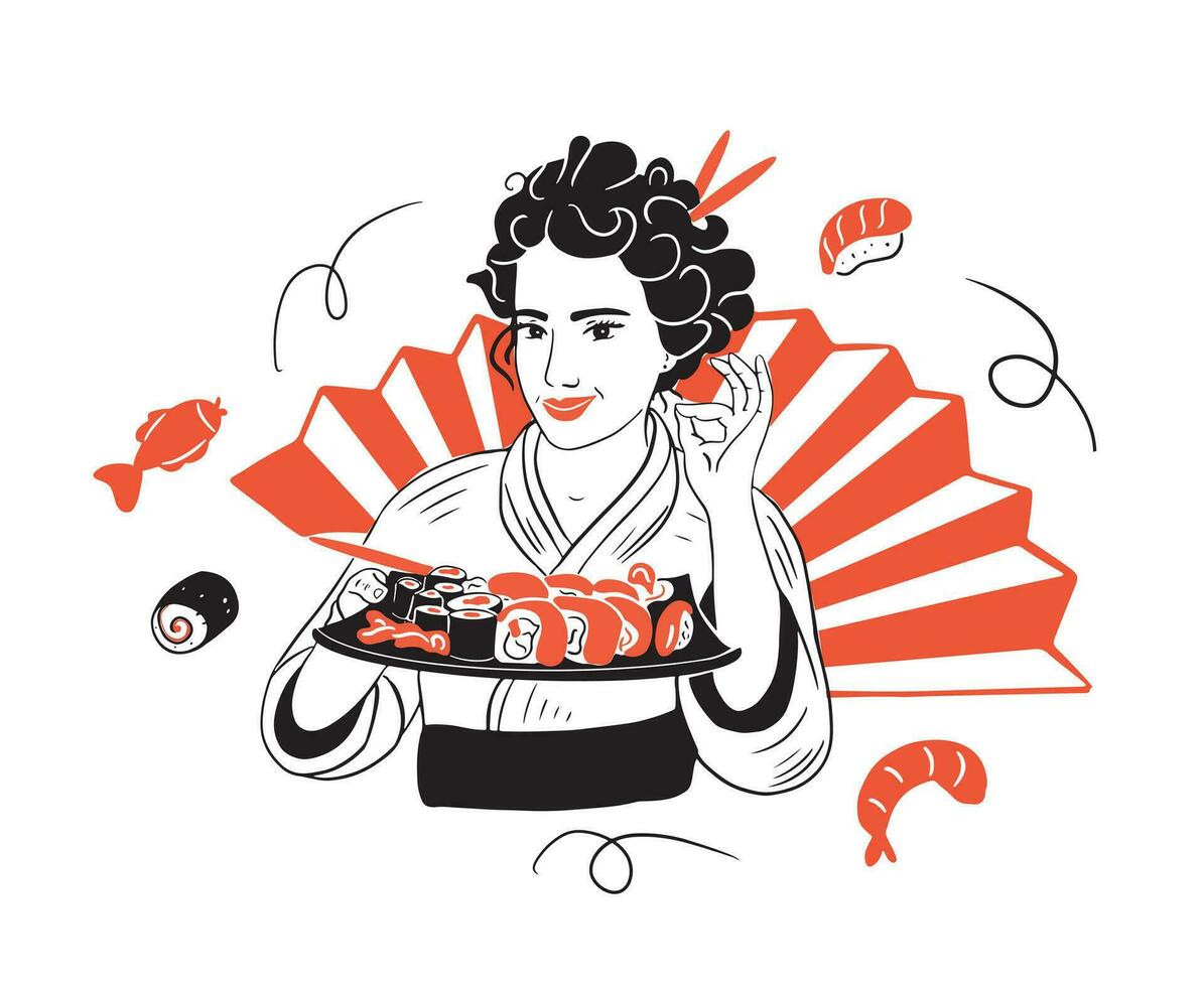 fille en portant une assiette de nourriture.sushi set.restaurant affaires concept.vecteur illustration. vecteur
