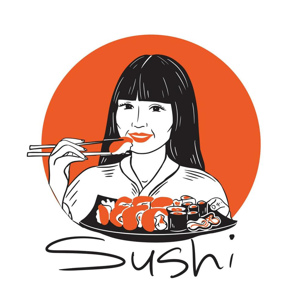 une Japonais fille détient une assiette avec une Japonais plat dans sa mains sur un Orange fond.logo.vecteur illustration. vecteur