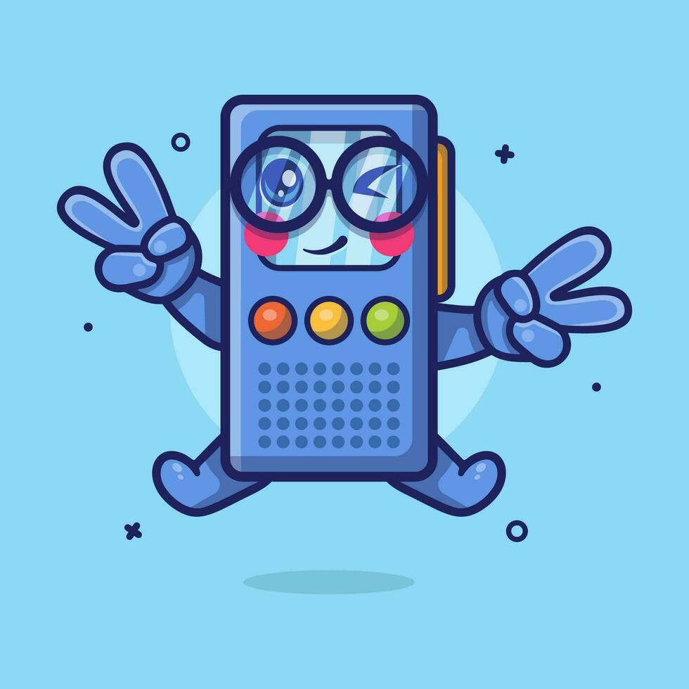 mignonne voix enregistreur personnage mascotte avec paix signe main geste isolé dessin animé dans plat style conception vecteur