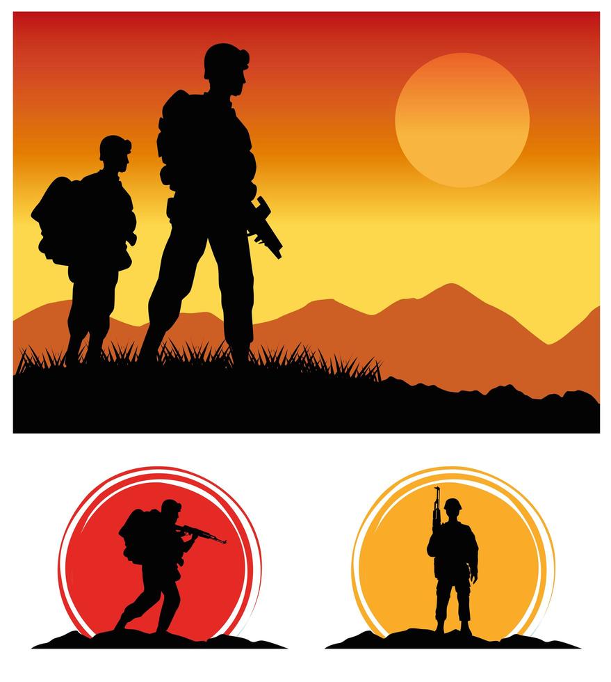 soldats militaires avec des fusils silhouettes chiffres scène du coucher du soleil vecteur