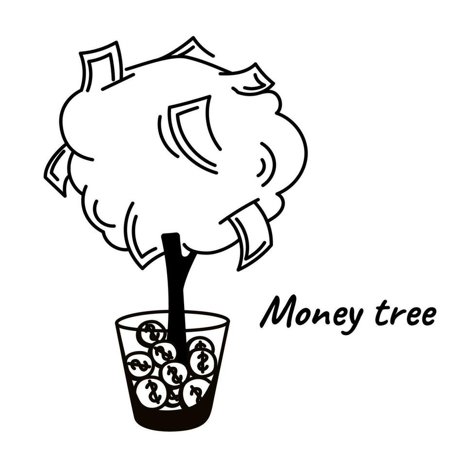 griffonnage argent arbre ou plante. des économies croustillant concept. noir et blanc contour dessin animé vecteur illustration sur blanc Contexte