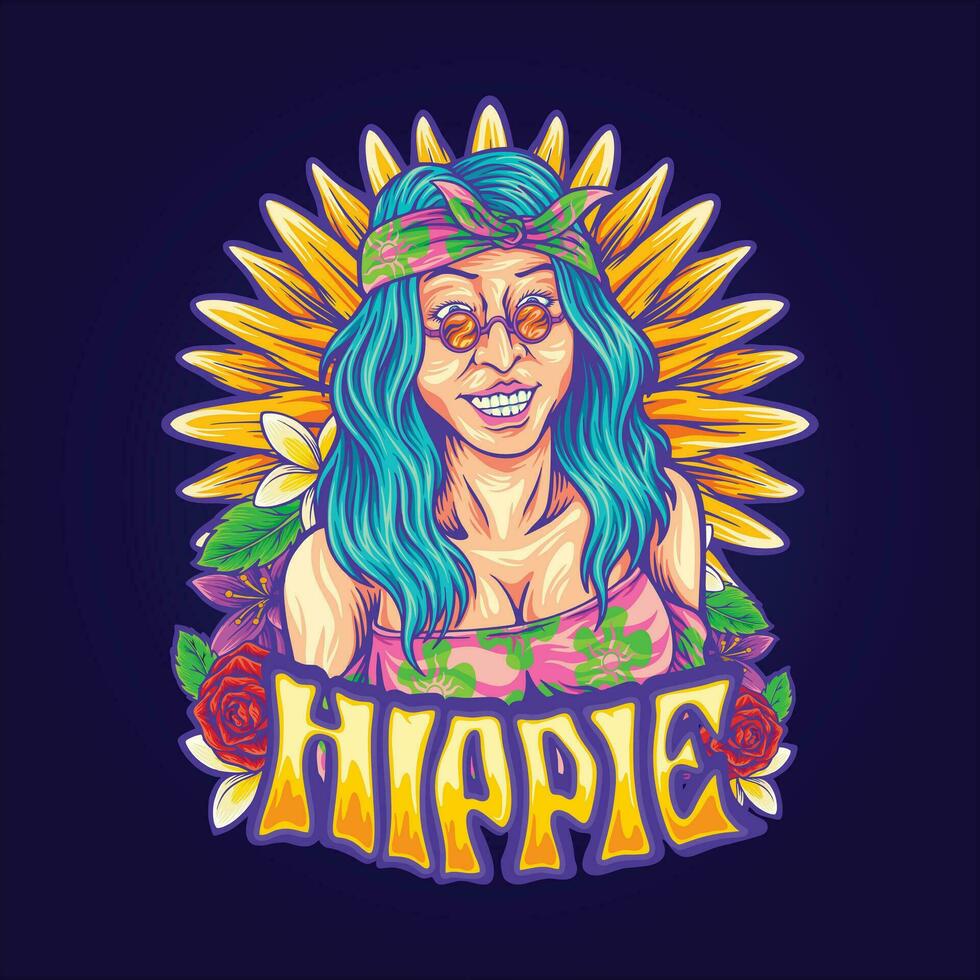 bohémien fille avec joyeux sourire hippie style des illustrations vecteur des illustrations pour votre travail logo, marchandise T-shirt, autocollants et étiquette conceptions, affiche, salutation cartes La publicité affaires entreprise