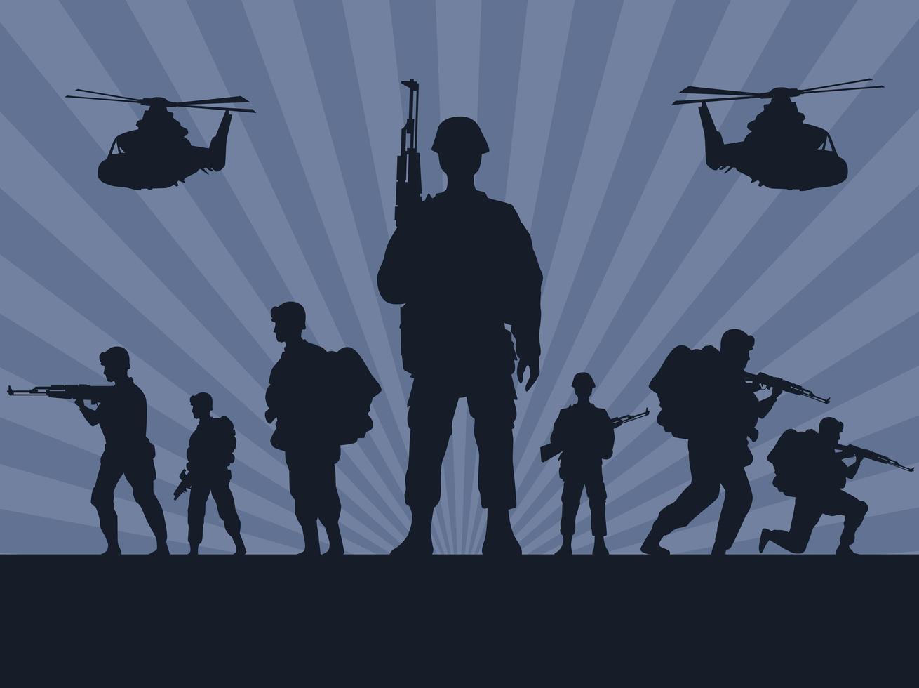 soldats militaires avec des fusils et des silhouettes d'hélicoptères en arrière-plan gris vecteur