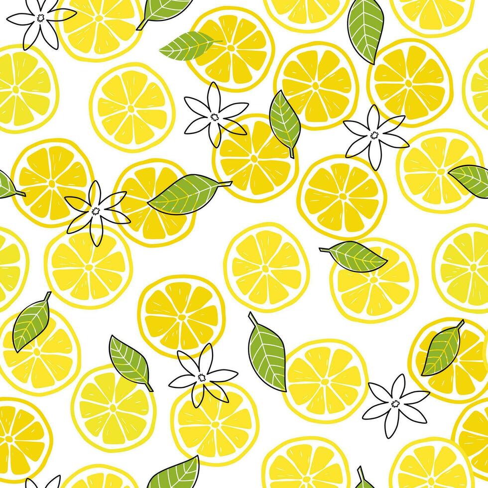 citrons sans couture modèle. mûr citron et citron tranche avec fleurs et feuilles sur blanc Contexte. vecteur