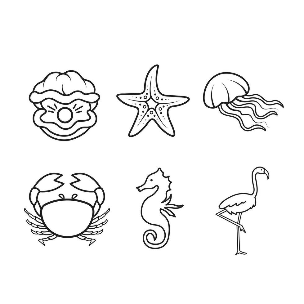 14 plage ou mer Marin animaux décrit vecteur icône ensemble collection isolé sur carré blanc Contexte