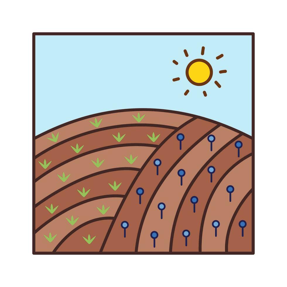 ferme marron sol sol champ terre avec riz et bleu le jazz fleur agriculture coloré vecteur icône contour isolé sur carré blanc Contexte. Facile plat minimaliste décrit dessin avec agriculture thème.