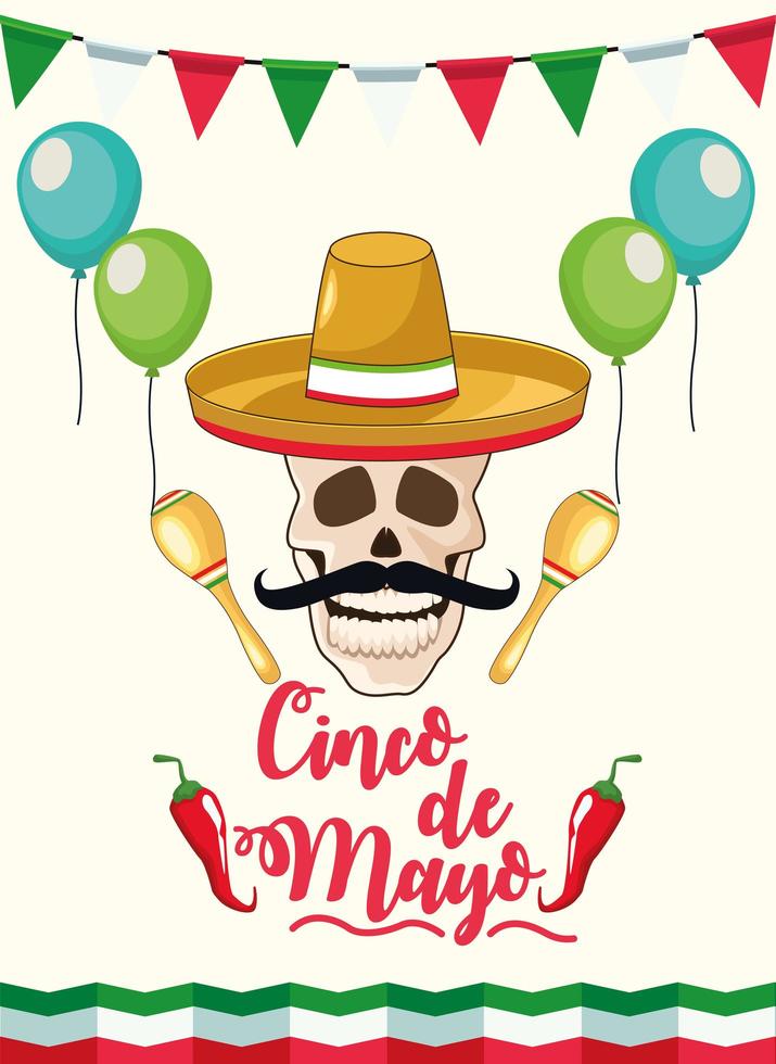 Célébration de la fête de cinco de mayo avec crâne et chapeau mexicain vecteur