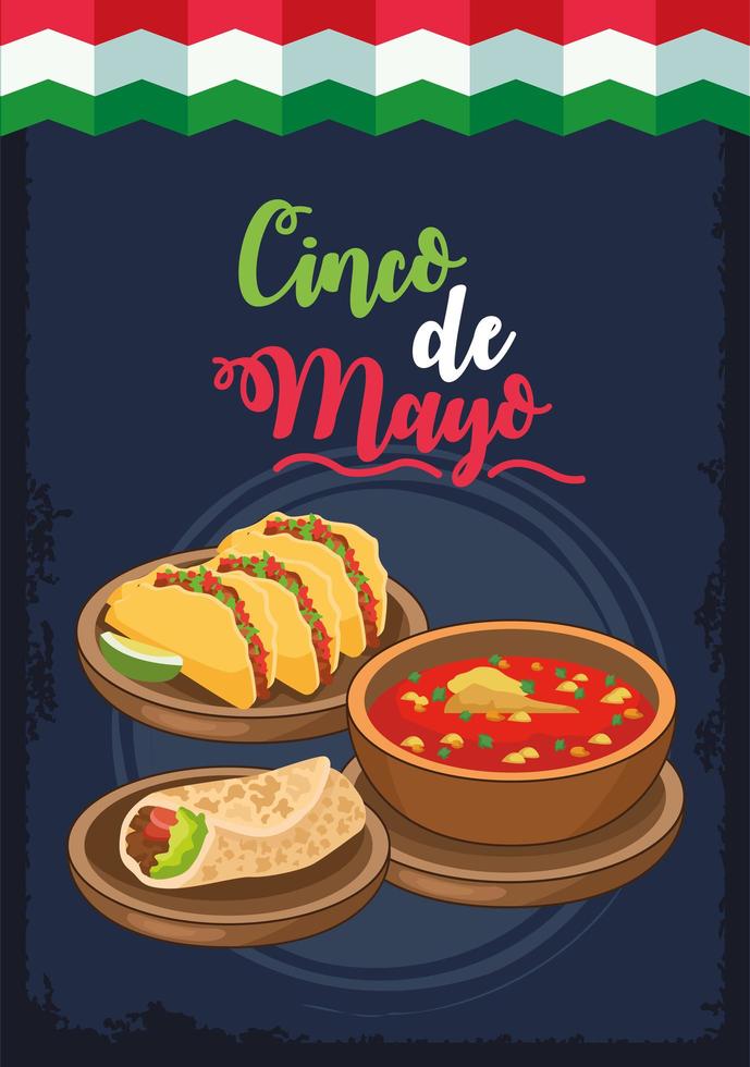 célébration de cinco de mayo avec drapeau mexicain et nourriture vecteur