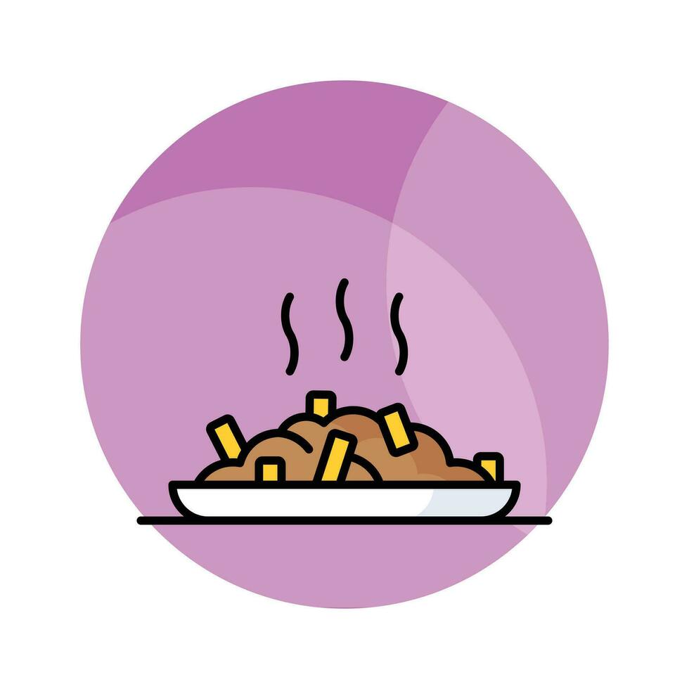 Poutine icône traditionnel Québec repas avec français frites sauce et fromage Lait caillé, vecteur illustration isolé sur blanc Contexte