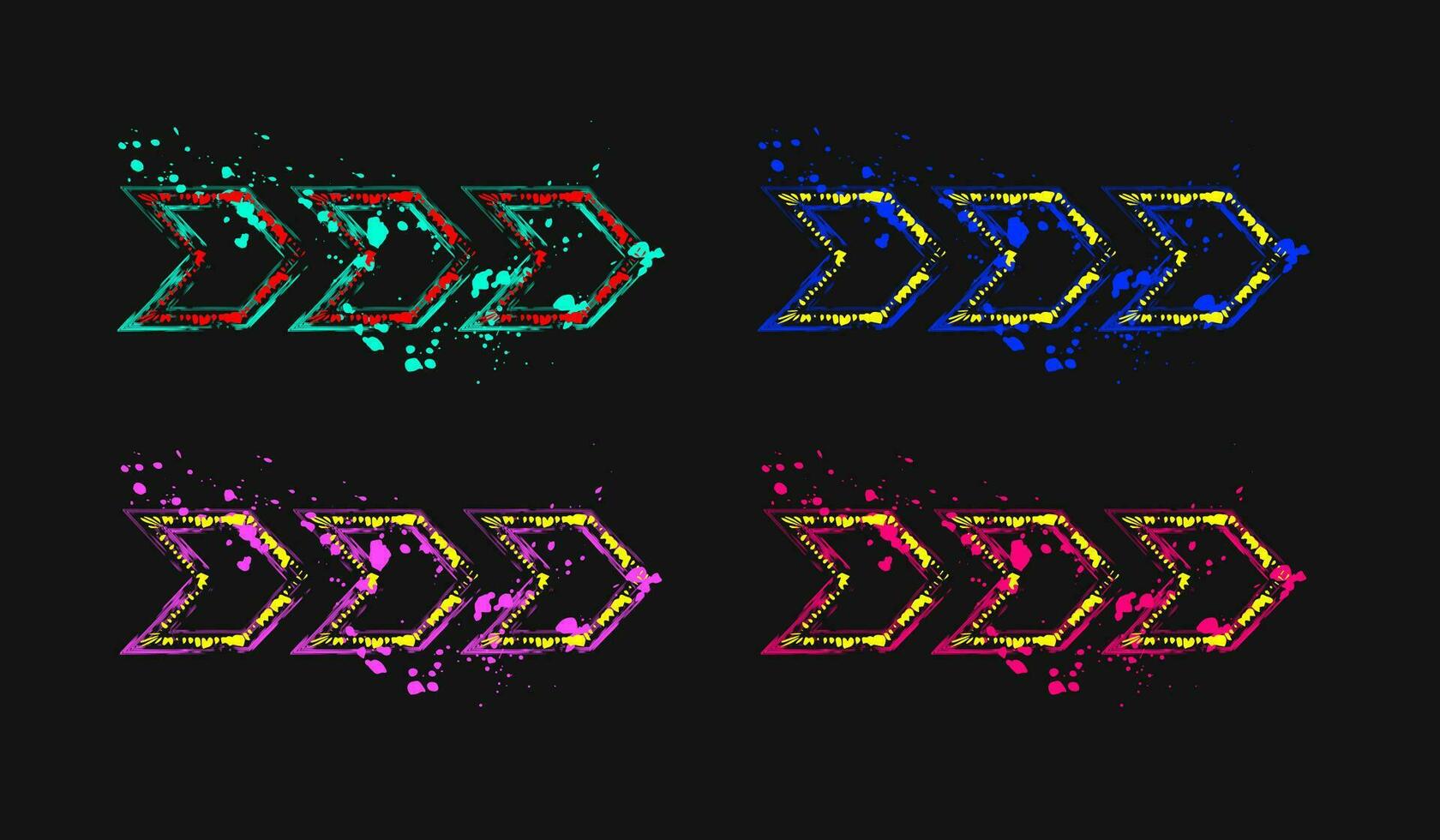 ensemble de contour flèche, aiguille Icônes. pointe de flèche, mouvement direction, mouvement façon. fluorescent peindre brosse coups, éclaboussé peindre de néon brillant couleurs. virtuel abstrait objets vecteur