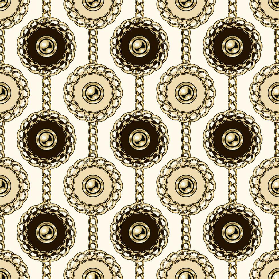 sans couture modèle avec cercles avec or Chaînes, perles. verticale doublé en haut éléments sur une beige Contexte. pastel noble couleurs. vecteur