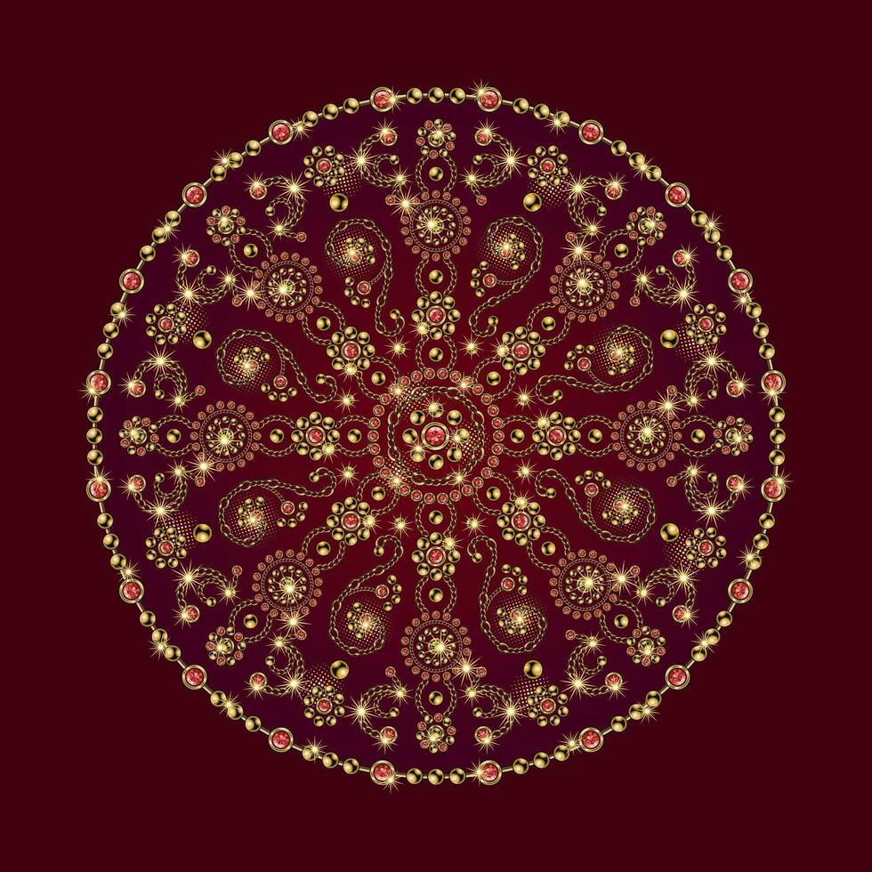 bijoux luxe mandala avec rond motifs. ornement fabriqué de or bijoux Chaînes, rouge gemmes, strass, Balle perles dans ancien style. pour impressions, affiche, couverture, textile, surface conception. vecteur