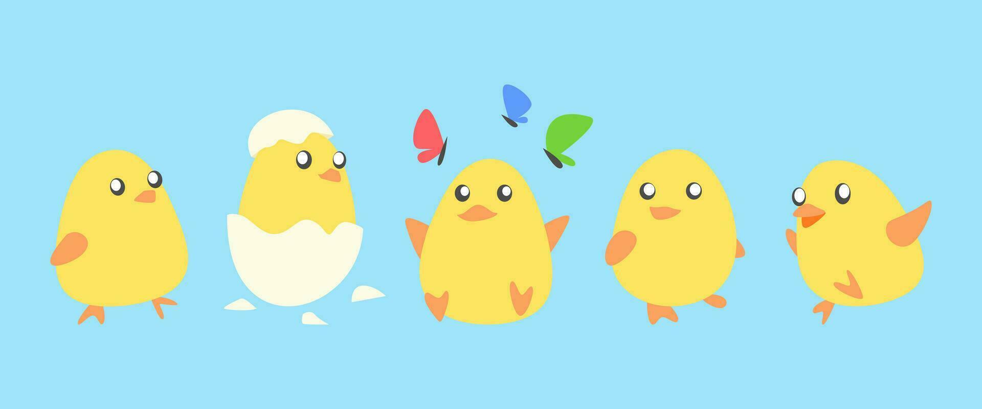 ensemble de bébé poussins dans dessin animé style. isolé sur blanc Contexte. animal, la volaille, bétail concept. parfait pour enfants livre illustration, imprimer, autocollant, etc. plat vecteur. vecteur