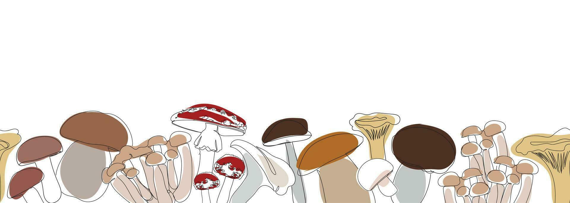 sans couture frontière différent les types de champignons dans Célibataire continu ligne dessin style. esquisser main tiré illustration. champignon vecteur ensemble dans contour avec coloré éléments.