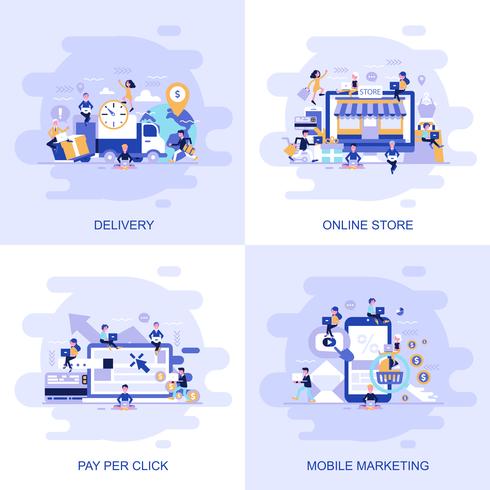 Bannière web de concept plat moderne de magasin en ligne, Pay Per Click, marketing mobile et livraison avec caractère décoré de petites personnes vecteur