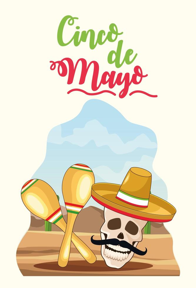 célébration de cinco de mayo avec scène de désert de crâne et de maracas vecteur