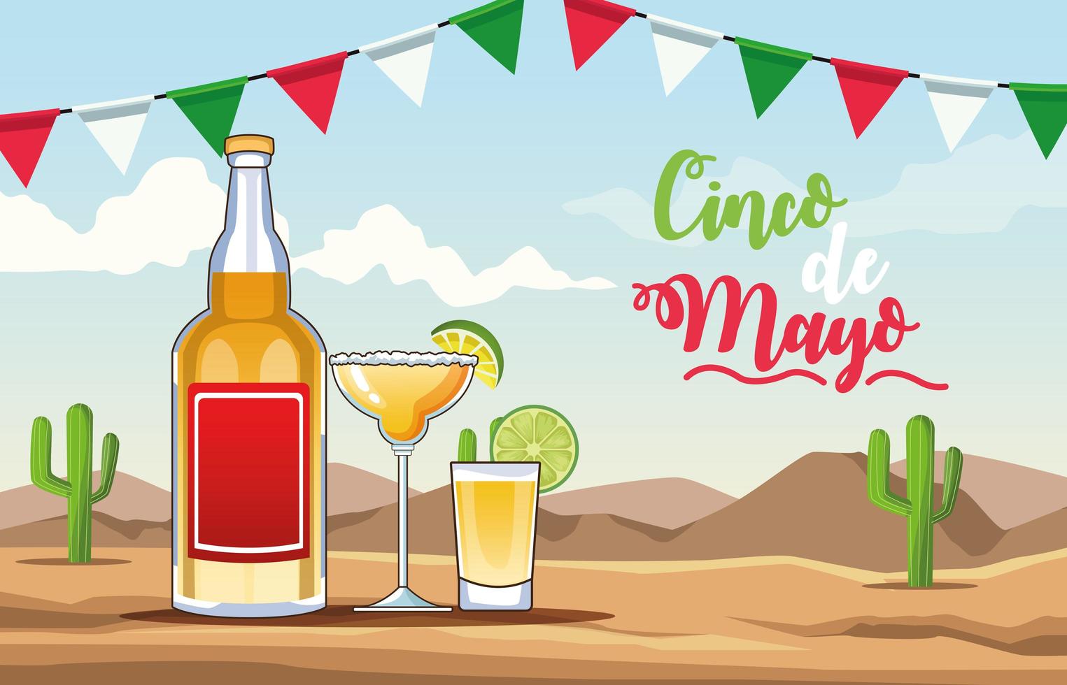 Célébration du cinco de mayo avec scène de désert de boisson à la tequila vecteur
