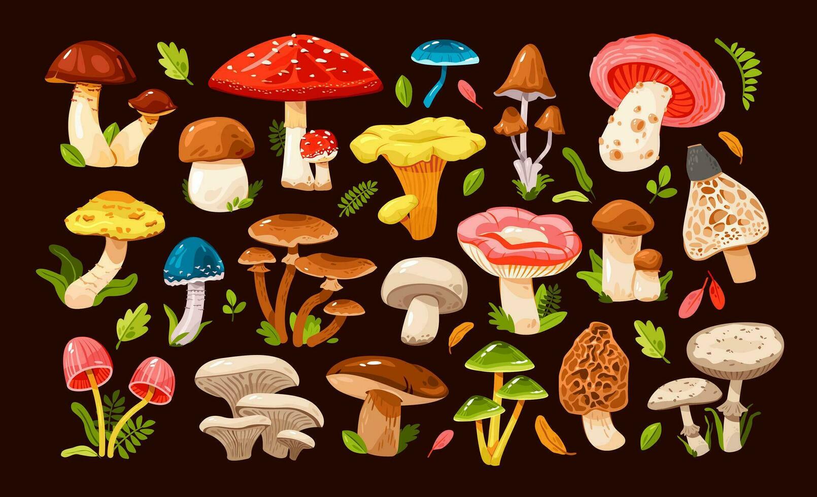 champignons de divers les types ensemble. comestible et toxique champignons. forêt herbe et feuilles. dessin animé vecteur illustration.