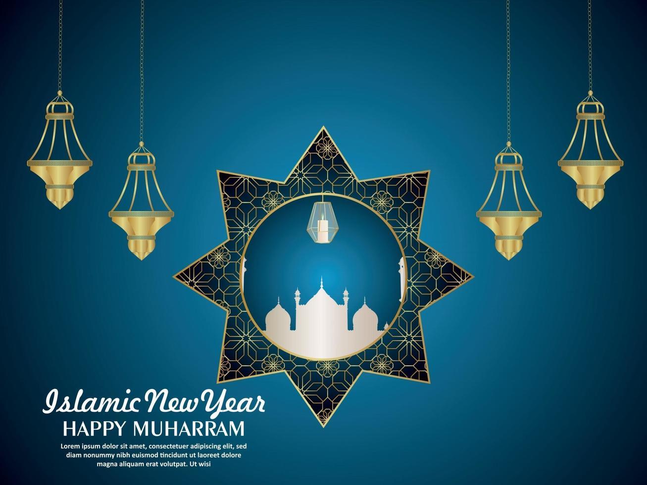 lanterne créative de joyeux muharram célébration carte de voeux avec motif de fond vecteur