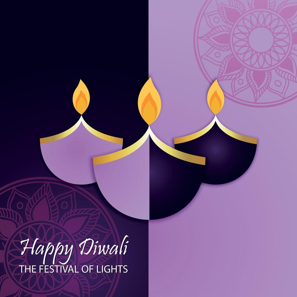 joyeux diwali célébration carte de voeux avec papier diya sur fond violet vecteur