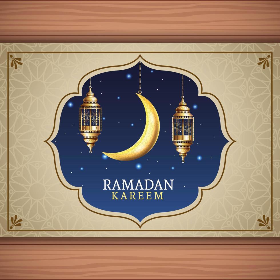 célébration du ramadan kareem avec des lanternes suspendues et la lune vecteur