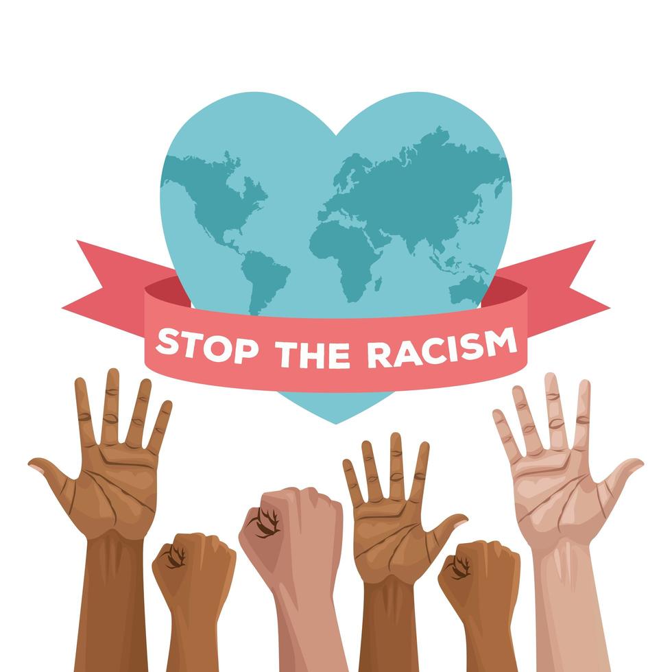 arrêtez l'affiche de la journée internationale du racisme avec les mains et la planète coeur vecteur