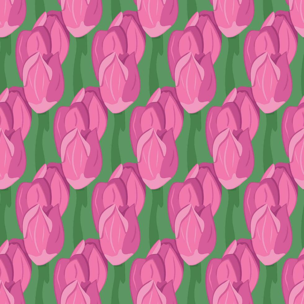 rose tulipes sans couture modèle sur vert Contexte. plat vecteur tête de fleurs sur vert Contexte. adapté pour emballage papier, arrière-plan, fond d'écran, textile, bannière, scrapbooking, décoration