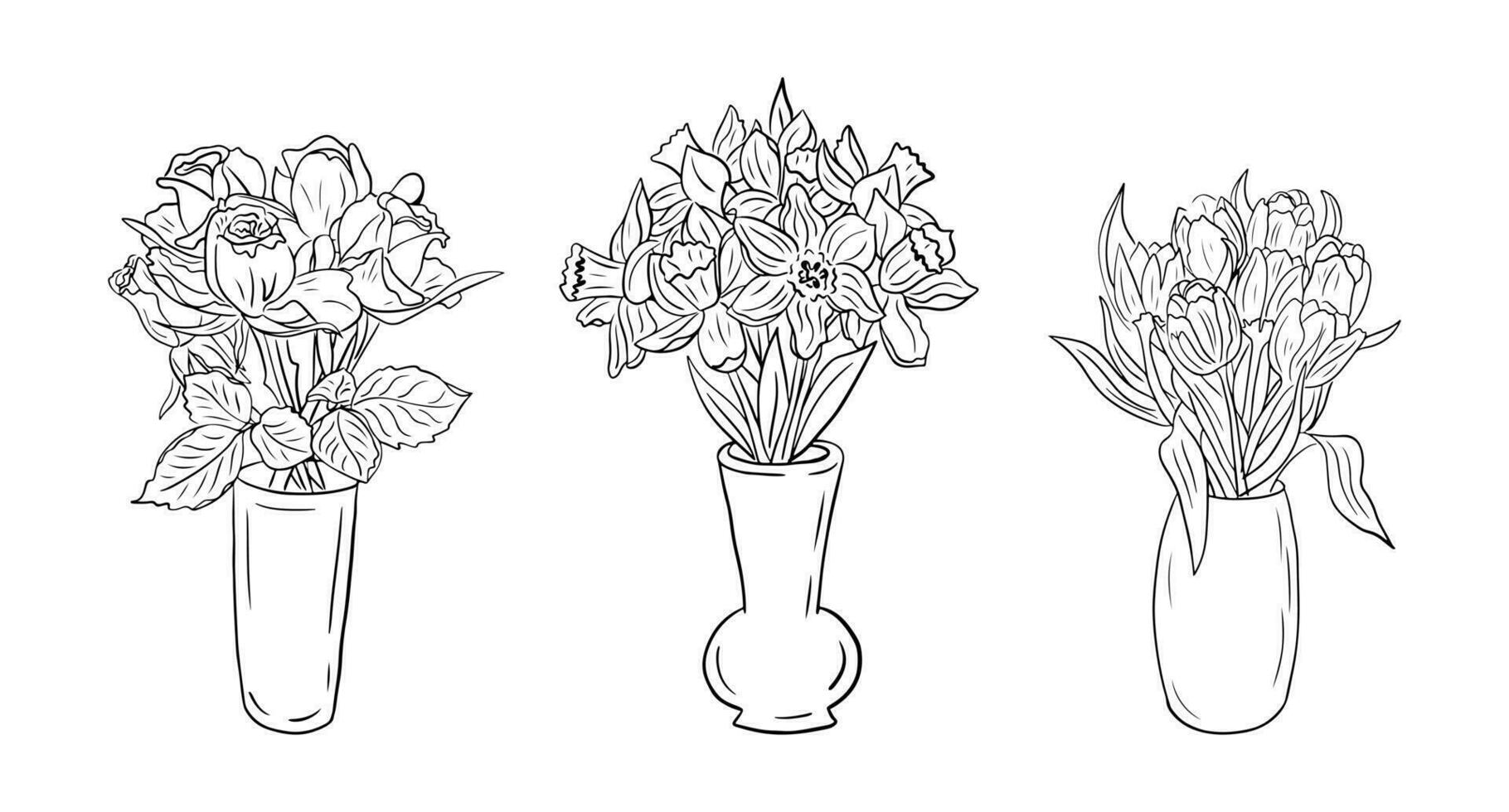 ensemble de main tiré contour bouquets de fleurs dans vases. tulipes, jonquilles, des roses. unique vecteur isolé esquisser illustration. parfait pour coloration pages, tatouage, arrière-plan, emballage papier, frontière