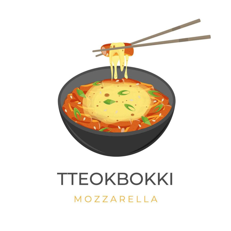 illustration logo coréen riz gâteau tteokbokki avec fondu mozzarella fromage et mangé avec baguettes vecteur