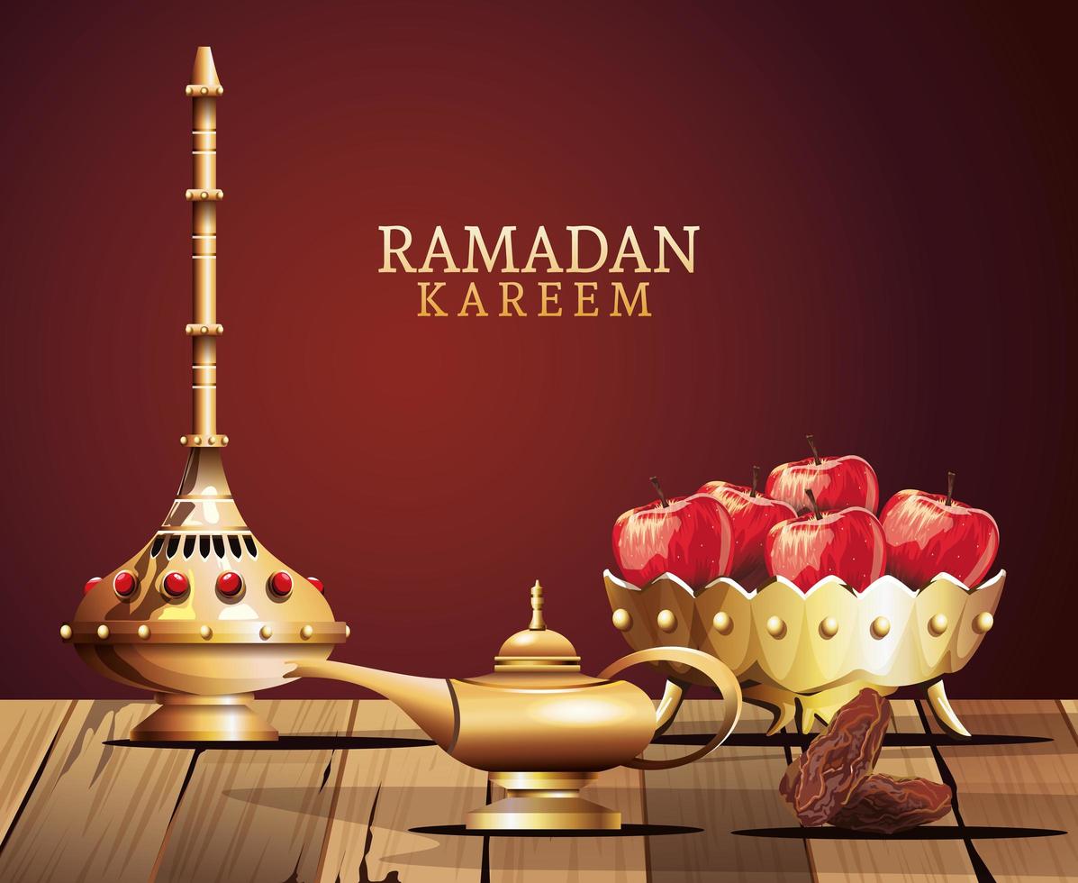 célébration du ramadan kareem avec des ustensiles dorés et des pommes vecteur