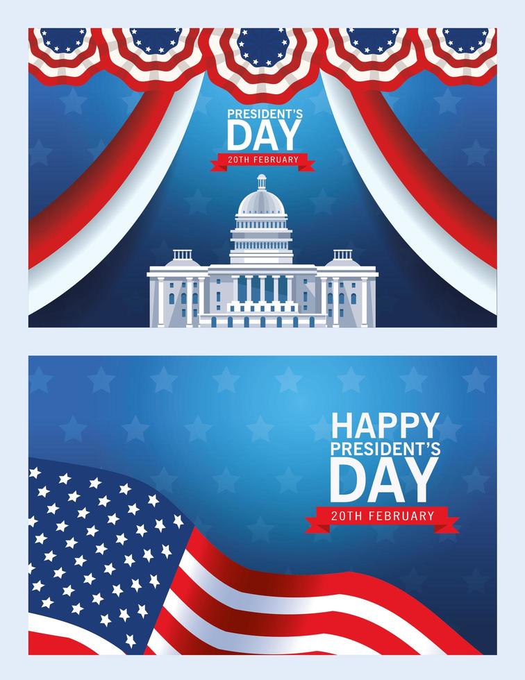 affiche de la fête des présidents heureux avec le bâtiment et le drapeau du capitole des états-unis vecteur