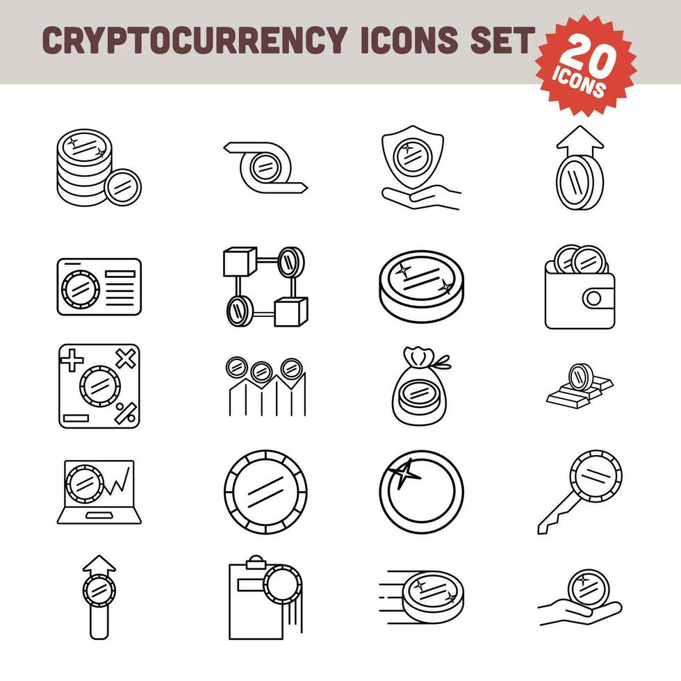 20 crypto-monnaie Icônes dans noir ligne art. vecteur