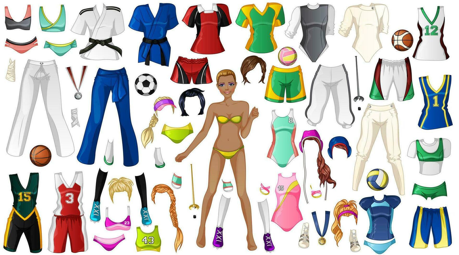 des sports 2 papier poupée avec natation, martial arts, football, handball, l'eau polo, escrime, basketball équipement, coiffures et chaussures. vecteur illustration