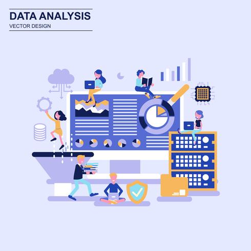 Données de données volumineuses analyse concept plat style bleu avec caractère décoré de petites personnes. vecteur