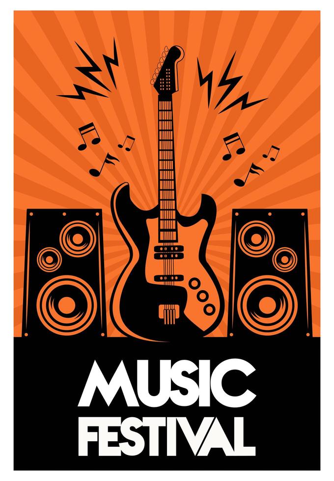 affiche de lettrage de festival de musique avec guitare électrique et haut-parleurs vecteur