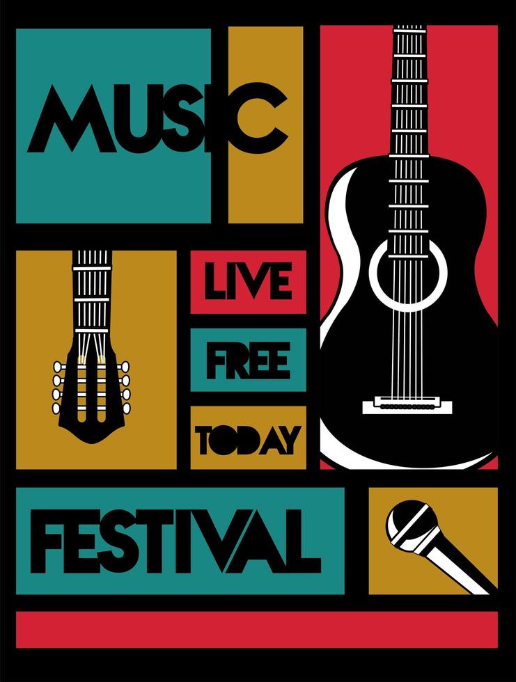 affiche de lettrage de festival de musique avec guitare et microphone vecteur