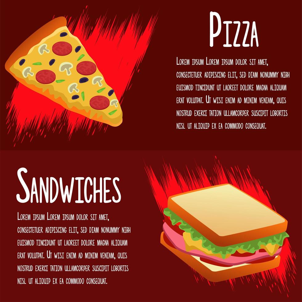 délicieux modèle de menu de restauration rapide avec sandwichs et pizza vecteur