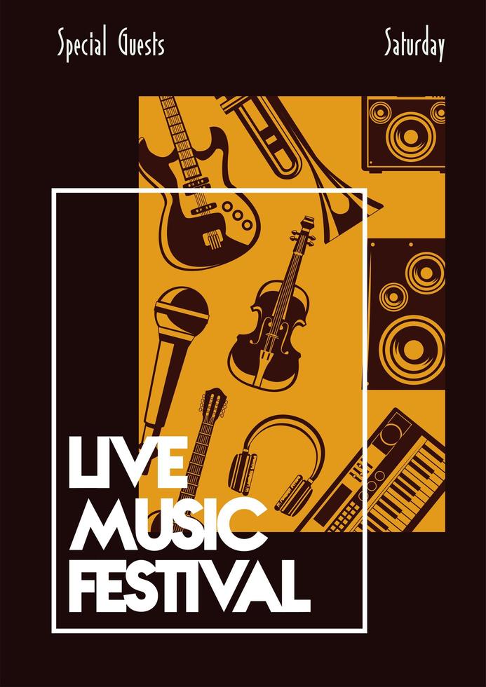 affiche de lettrage de festival de musique en direct avec des instruments de musique vecteur