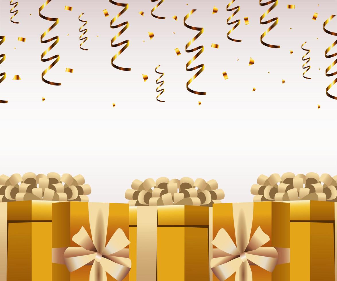 carte de bonne année avec des cadeaux dorés et des confettis vecteur