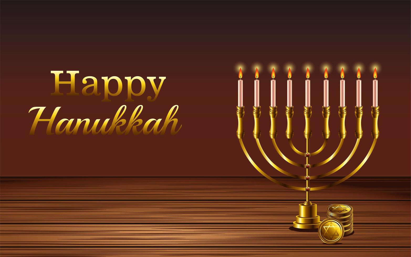 joyeux hanukkah célébration lettrage avec lustre dans une table en bois vecteur