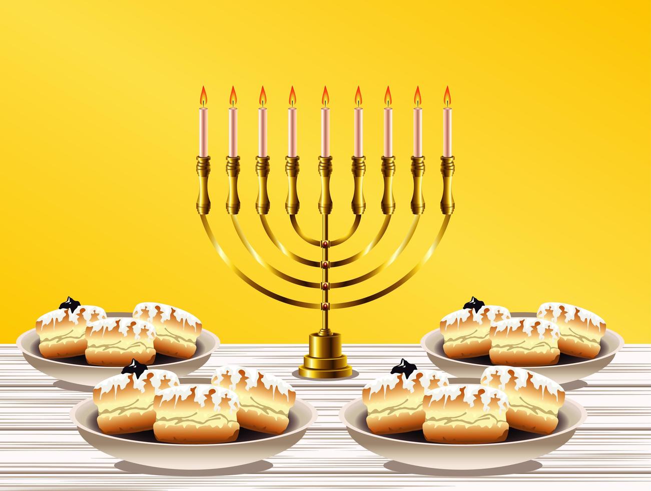 joyeuse fête de hanukkah avec lustre doré et beignets sucrés vecteur