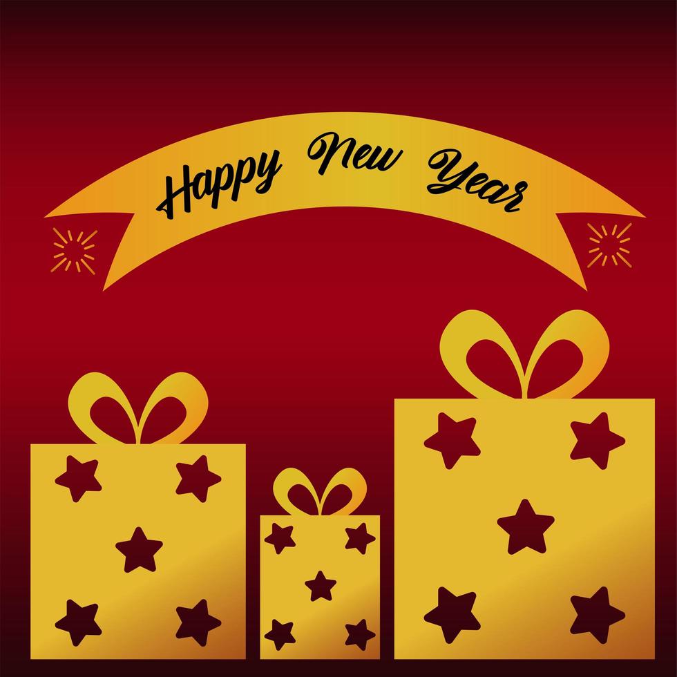 carte de lettrage de bonne année avec des cadeaux dorés et un ruban vecteur