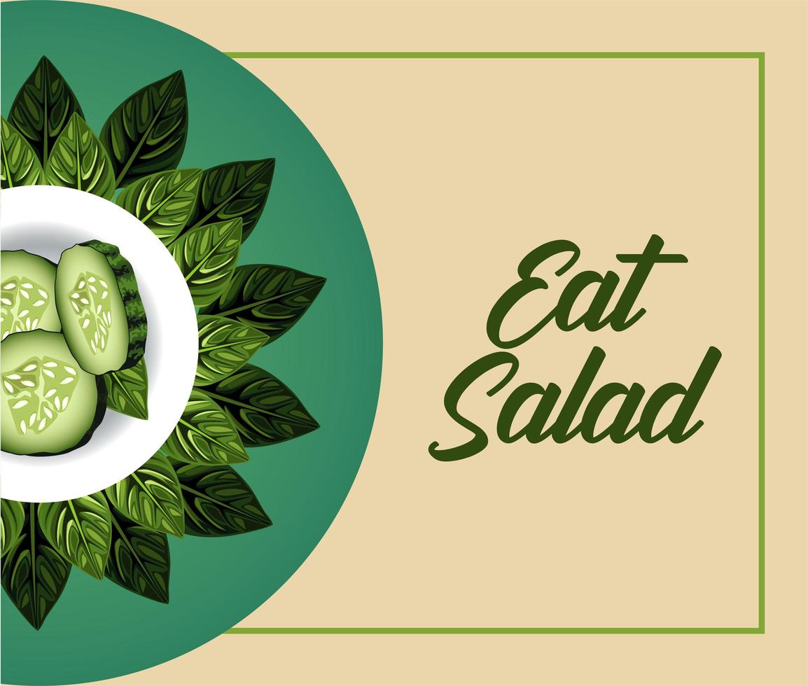 manger une affiche de lettrage de salade avec des concombres dans un plat et des feuilles vecteur