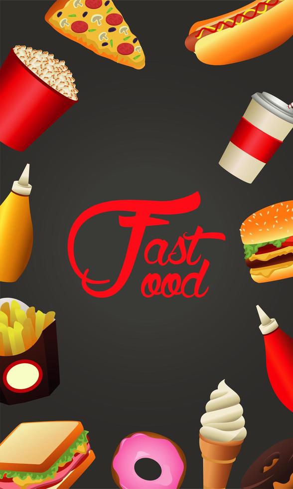 délicieux fast food autour du modèle de menu de lettrage vecteur