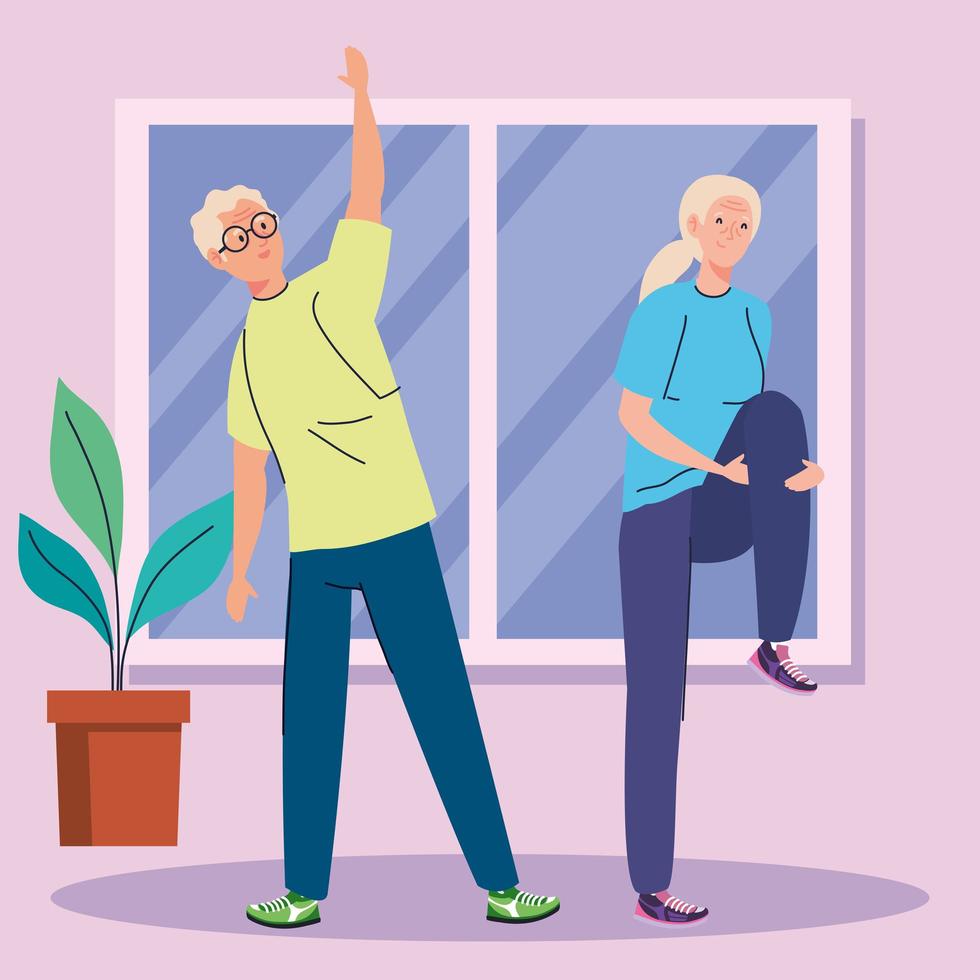 couple de personnes âgées pratiquant l'exercice dans la maison vecteur