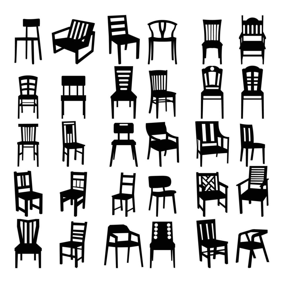 noir chaise silhouettes grouper. chaise, tableau, banc sièges Icônes ensemble vecteur illustration