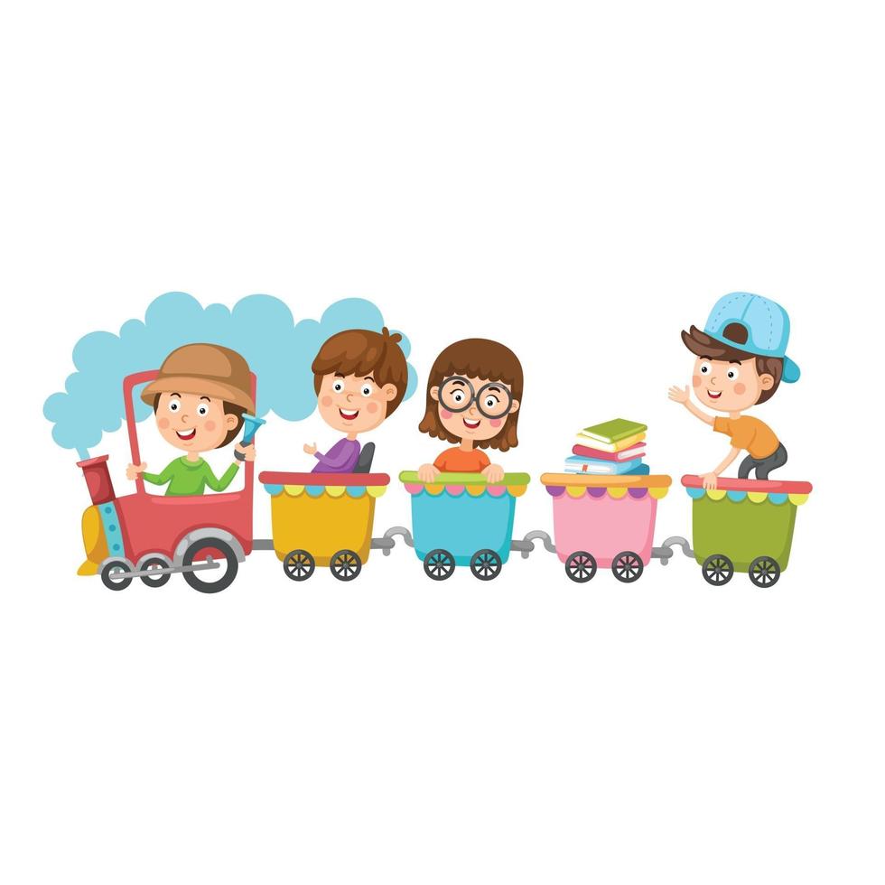 illustration, de, écoliers, équitation, train, transport, éducation, vecteur